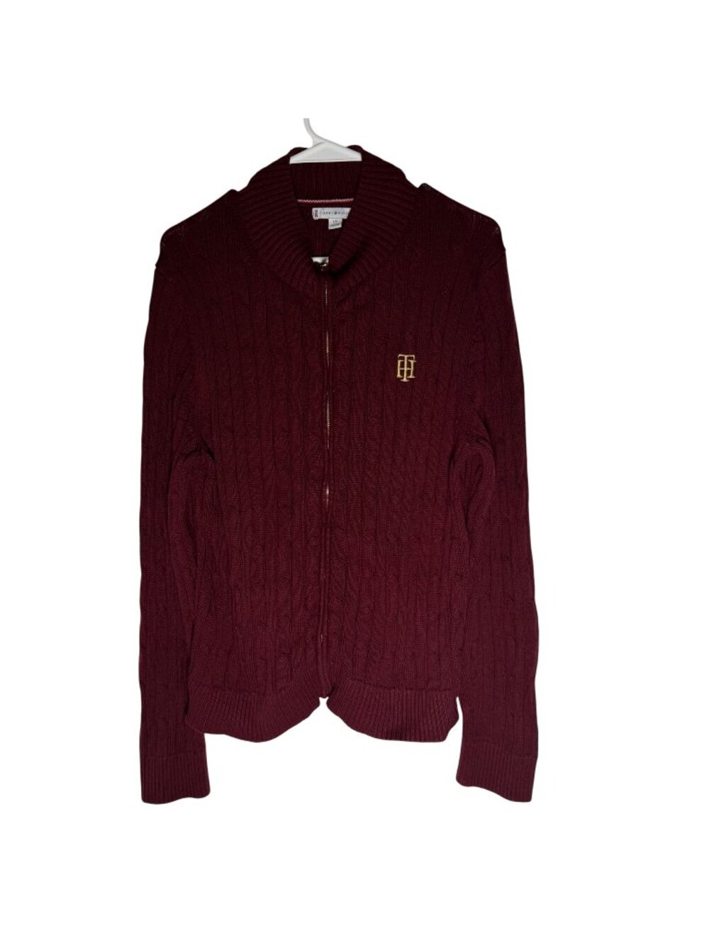 TOMMY HILFIGER Mockneck Zip Cardigan In Deep Rouge Size Large